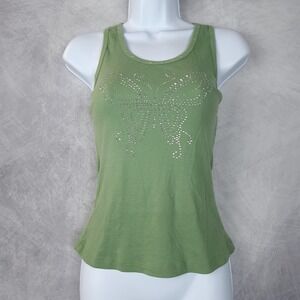 Vntg Y2K Tank Top Womens Large Green Rhinestone Butterfly Ribbed Fairycore